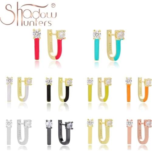 SHADOWHUNTERS Trendy 925 Sterling Silver Enamel Huggies Hoop Earrings U Shape Dainty Hoops For Young Women Crystal Jewelry Gift
