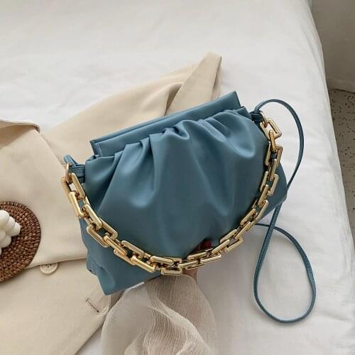 Women PU Leather Pleated Shoulder Messenger Handbag Fashion Cloud Crossbody Bag Popular Simple Female Thick Chain Daily Bag