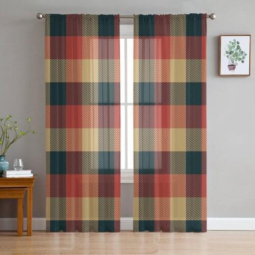 Grid Red Texture Window Tulle Curtains for Living Room Bedroom Hotel Luxury Decoration Sheer Curtains