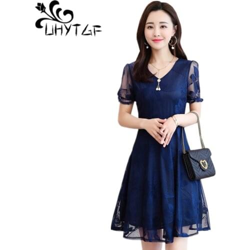 UHYTGF Woman dress fashion lace short sleeve summer dress pullover bohemian dress solid color elegant dresses 5XL Plus size 817