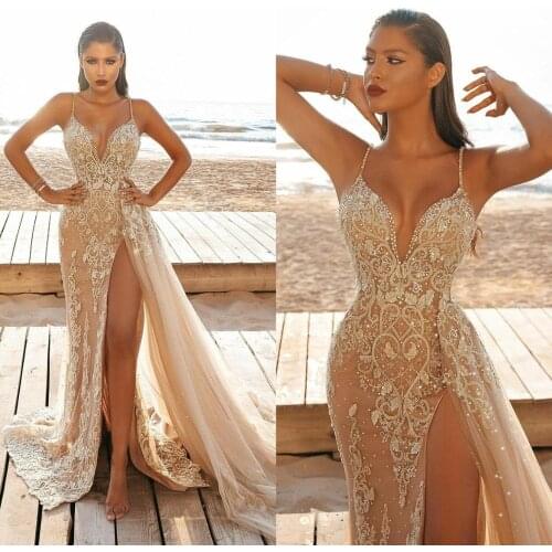 High Split Champagne Mermaid Prom Dresses Spaghetti Straps Lace Beaded Evening Gowns Overskirt Sweep Train vestido de novia
