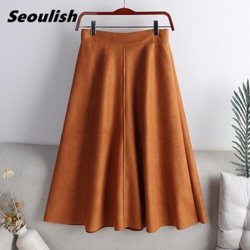 Seoulish Autumn Winter Womens Suede Midi Skirts 2021 New High Waist Solid Elegant A-Line Skirts Umbrella Ladies Skirt Female