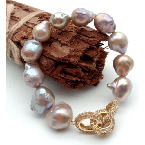 YYGEM Natural Cultured PurpleNucleated Flameball Baroque Pearl Stretch Bracelet Cz gold color pave Connector luxury for women