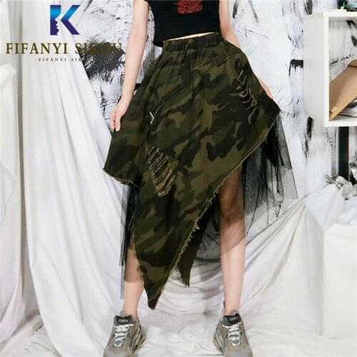 Streetwear Women Camouflage Denim Skirt Mesh Splice Asymmetry Fashion High waist Mid Long Skirt Female Summer Loose Jeans Skirts