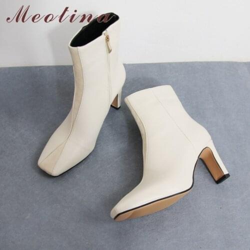 Meotina Short Boots Women Shoes Super High Heel Ankle Boots Square Toe Chunky Heels Zipper Boots Ladies Autumn Winter Beige 46
