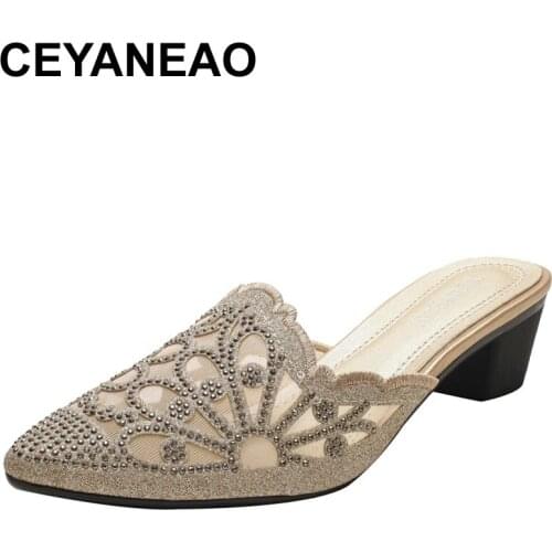 CEYANEAOPointed Rhinestone Half Slippers Women 2021 Summer Net Yarn Mid-heel Shoes Women Thick Heels Outer Wear Lace Sandals