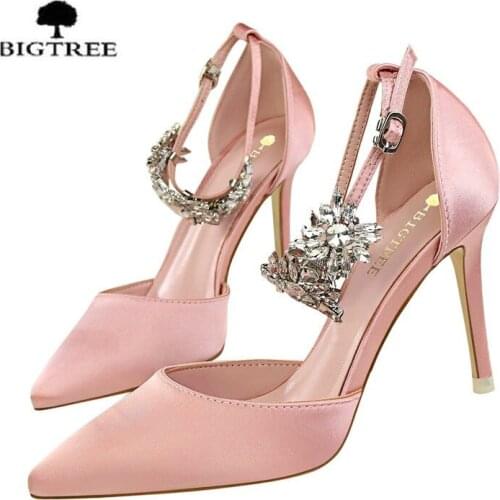 BIGTREE women luxury high quality shoes flower cyrstal rhinestone satin wedding bridesmaid shoes woman pumps high heels stiletto