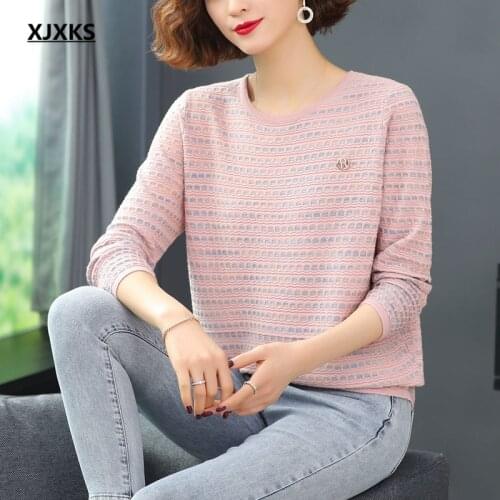 XJXKS 2021 spring autumn new round neck three-quarter sleeve women sweater high-end wool knitted sweater women pullover
