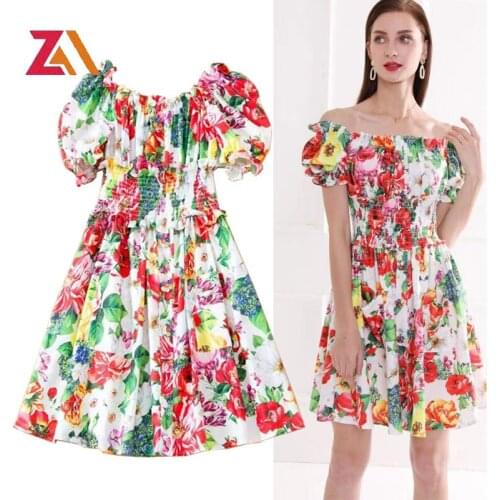 ZALady Designer Summer Women Puff Short Sleeve Mini Dresses Womens Slash Neck Floral-Print Elastic Waist Elegant Ruched Dress