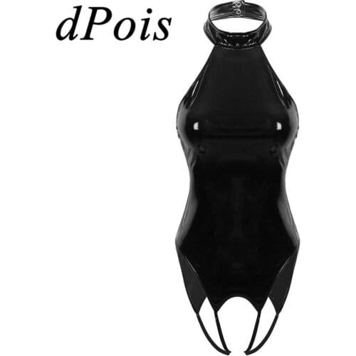 Women Sexy Bodysuits One-piece Open Crotch Wet Look Patent Leather Lingerie Halter Neck Backless High Cut Thong Teddy Bodysuit