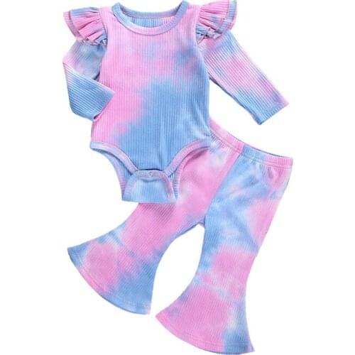2 Pcs Tie Dye Printed Romper Flare Pants Suit Baby Girl Ruffles Decorated Full Length Regular Sleeve Round Neck Fashion Sets