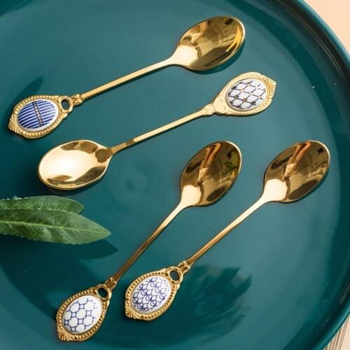 4PCS Stainless Steel Spoon Inlay Ceramic Handle Ice Cream Coffee Spoons Teaspoon Gold Plating Dessert Cake Scoop Tableware