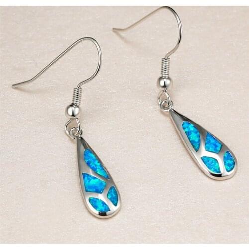 Cute Water Drop Blue Fire Opal Earrings For Women Vintage Fashion Silver Color Long Hook Dangle Earrings Female Wedding Jewelry