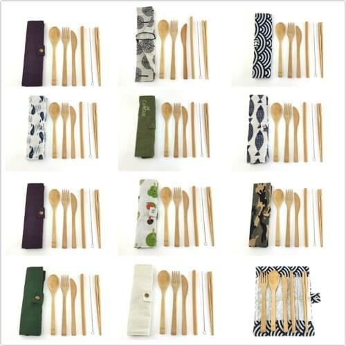 6Pcs/pack Japanese Wooden Cutlery Set Bamboo Cutlery Straw Cutlery Set With Cloth Bag Kitchen Cooking Tools