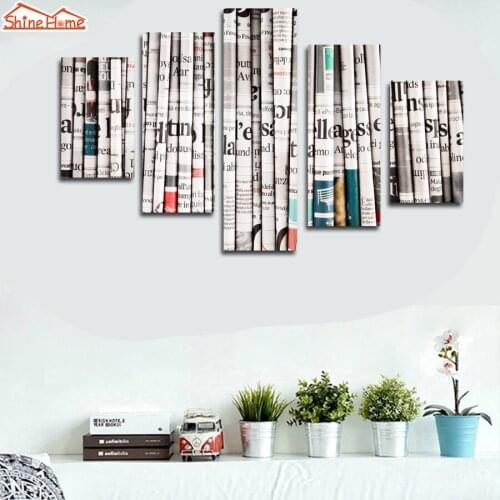 ShineHome-5pcs Wall Oil Printing Painting Prints on Canvas Vintage Newspaper Cafe Studyroom TV Background Living Room Walls Art