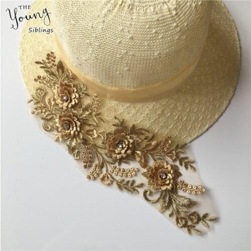 New arrive Golden Embroidery Rhinestone Lace Collar DIY Trim Neckline Fabric Clothing Craft Accessories Sewing Supplies YL1651