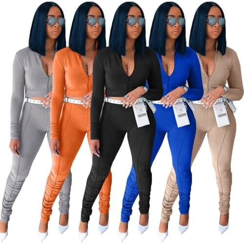 Adogirl Solid Two Piece Set Autumn Winter Women Tracksuit Zipper Long Sleeve Shirt Crop Tops Skinny Stacked Pants Sport Suit