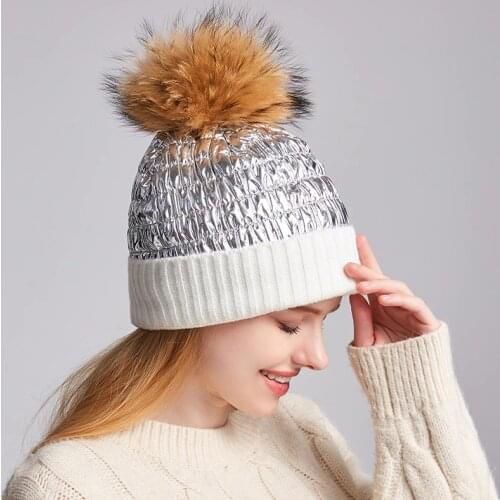 Windproof Winter Hats For Women Warm Down Ski Cap Big Real Fur Pompom Hat Slouchy Knitted Skullies Ladies Casual Beanies