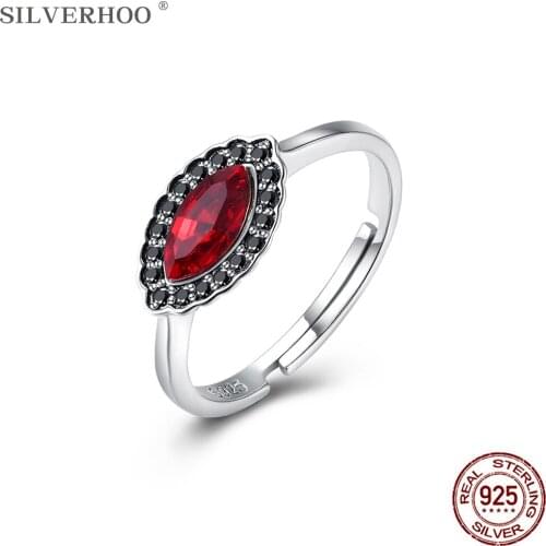 SILVERHOO 925 Sterling Silver Punk Vintage Rings For Women Red Austria Crystal Adjustable Finger Ring Trendy Party Jewelry Gift