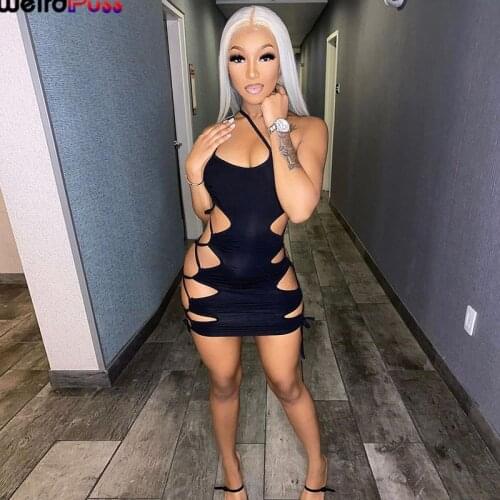 Weird Puss Hollow Out Summer Party Mini Y2K Dress Women Sleeveless Sling Skinny Bodycon Streetwear Sexy Clubwear Fashion Outfits