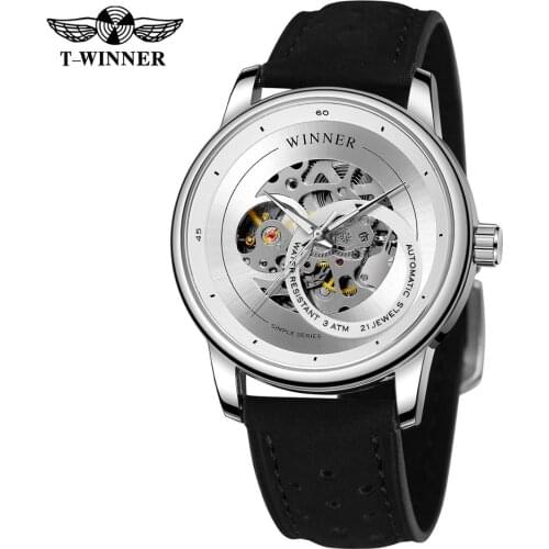 T-Winner Mens Mechanical Skeleton Automatic New Fashion Analog Display Trendy Wristwatch with Leather Strap Relogio Masculino