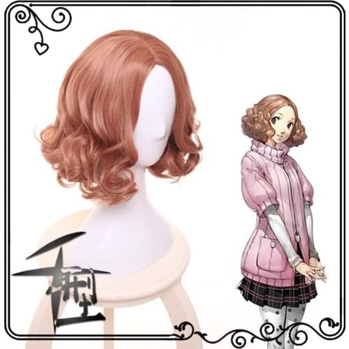 P5 Persona5 Haru Okumura Short Orange Pink Centre-parted Curly Heat Resistant Hair Cosplay Costume Wig + Free Wig Cap
