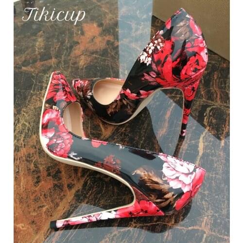 Tikicup Gothic Floral Print Women Patent Pointed Toe High Heel Shoes Sexy Lady Designer Stiletto Pumps Plus Size 42 43 44 45