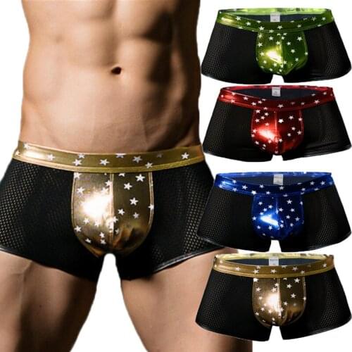 4PCS Men Boxershorts Lingerie PU Leather Penis Pouch Underwear Calzoncillos Hombre Mesh Boxer Shorts Gay Panties Lenceria Trunks