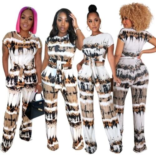 Two-piece Printed Tie-dye Bandage Crop Top and Trousers with Wide-leg