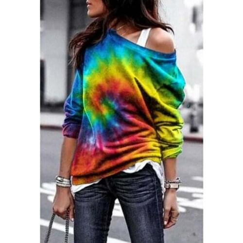 Rainbow Tie-dye Print Fashion Personality Autumn Hoodies Sweatshirts One Shoulder Off Shoulder Long Sleeve Women Sweatshirts