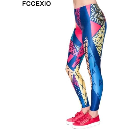 FCCEXIO Women Fitness Leggings Workout Leggins Sexy Legging Slim Pants High Waist 3D Print Colorful Patches Fashion Push up Pant