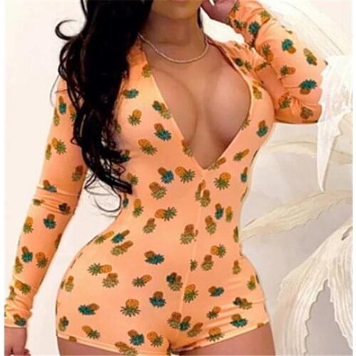 Women Sexy Long Sleeve Printed Romper Fashion V-neck Spring Autumn Night Clubwear Button Slim Skinny Shorts Jumpsuit