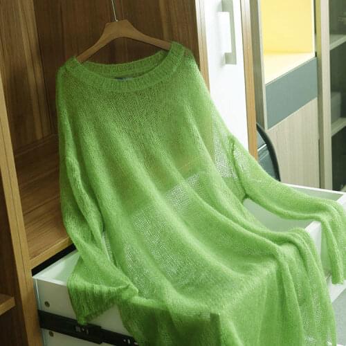 Korean Autumn New Mohair Thin Loose Lazy Wind O Neck Hollow Long Green Purple Knitted Long Sweaters Women Fashion Streetwear 202