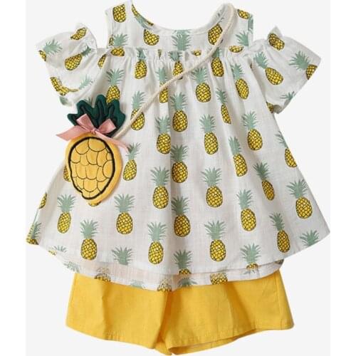 2020 children girls summer new fashion fruits print T-shirt with bag + cotton shorts clothing set 2-7 years