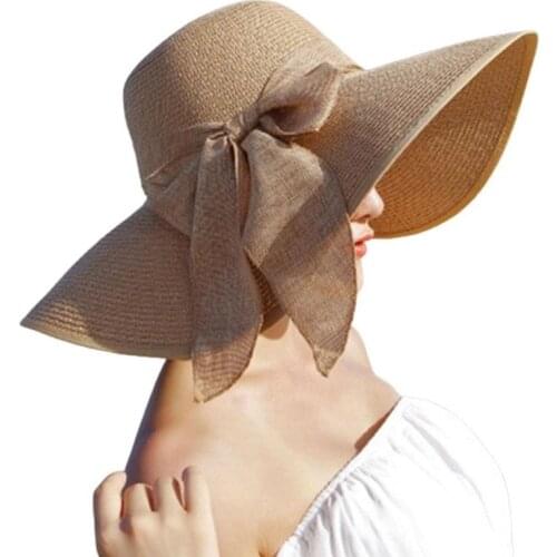 2021 New Bowknot Folding Beach Hats Caps Summer Straw Hat Women Wide Brim Beach Sun Hats Floppy