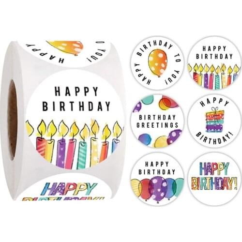 500Pcs/Roll Of 6 Kinds Patterns Happy Birthday Stickers For Birthday Gifts Children Birthday Cakes Decor Sticker 1.5Inch /1 Inch