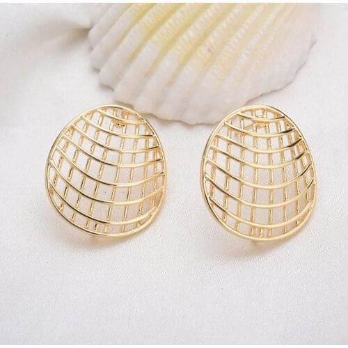 6PCS 23x25MM 24K Gold Color Brass Hollow Grid Stud Earrings High Quality Diy Jewelry Findings Accessories