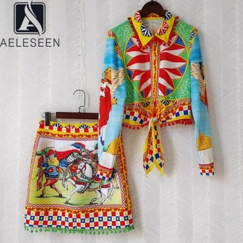AELESEEN Runway Fashion Sicilian Sets Women Turn-down Collar Bow Tassel Short Blouse+Mini Skirt Flower Print 2 Pieces Sets
