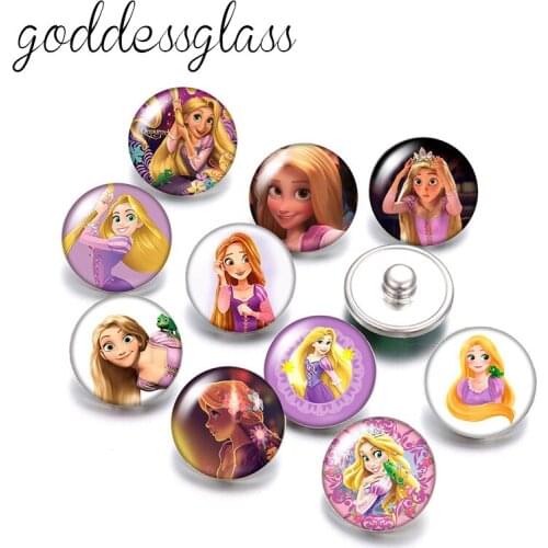 Disney Tangled Rapunzel Princess 10pcs Round photo glass 18mm snap buttons for 18mm snap bracelets jewelry wholesale