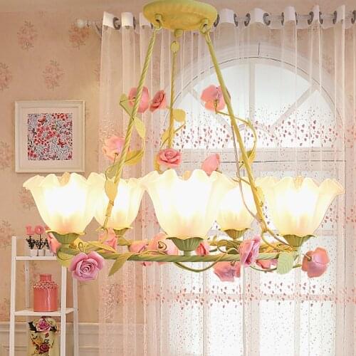 European Korean garden Pendant Lights pink yellow flowers rose bud children bedroom warm girl pendant lamps LO71310 -YM