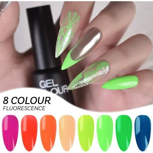 7ml Fluorescent Nail Gel Polish Bright Color Yellow Green Soak Off Semi Permanant LED Gel Varnish 8 Colors Nail Art Gel Polish