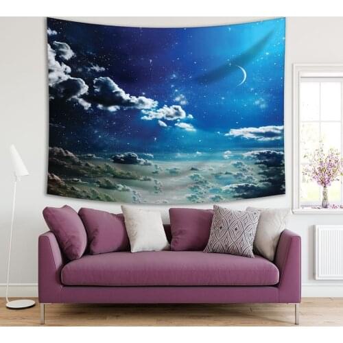 Tapestry Evening Crescent Shining Stars in the Cloudy Sky Moonlight Reflection on Clouds Dreamy Scene Digital Art Blue White