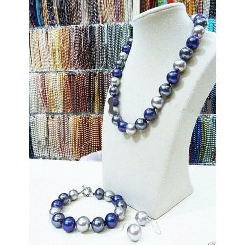 Hot sale new Style Big 14mm round Multi-color South Sea Shell Pearl Necklace Bracelet Earring Set