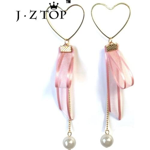 JZTOP Heart Shaped Tassel Earrings Geometric Imitation Pearl Lace Pendant Long Stud Earrings Woman Fashion Oorbellen Jewelry
