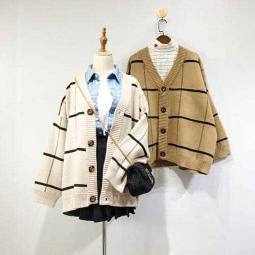 Plaid Cardigan Sweater Women Lantern Sleeve Casual Loose Jumper Autumn Winter V Neck Knitted Oversized Cardigan Ladies