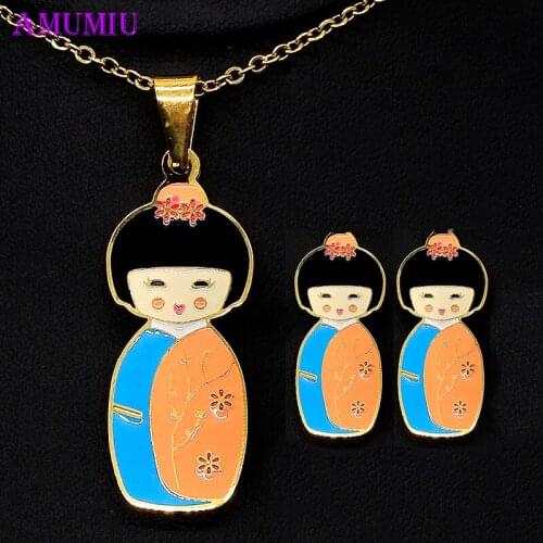 AMUMIU kimono Japanese doll necklaces pendants Stainless Steel 100% Necklace Earrings Set Woman/Child Jewelry short hair JS061