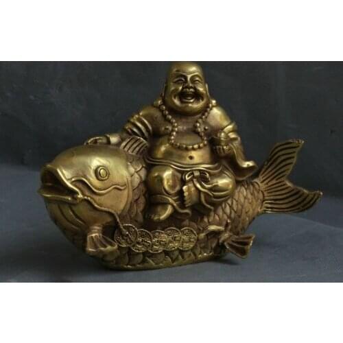 CHINA BRONZE YUAN BAO WEALTH HAPPY LAUGH MAITREYA BUDDHA RIDE FISH STATUE