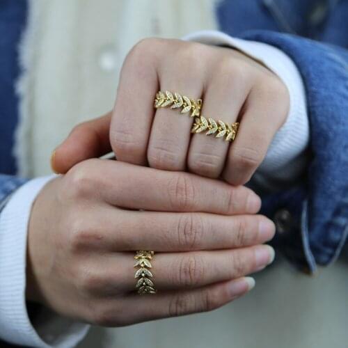 Hot Selling Bohemia Gold Color Leaf Chain Ring Charm Women Punk Finger Jewelry Bling Clear 5A Cubic Zirconia Leaf Eternity Ring
