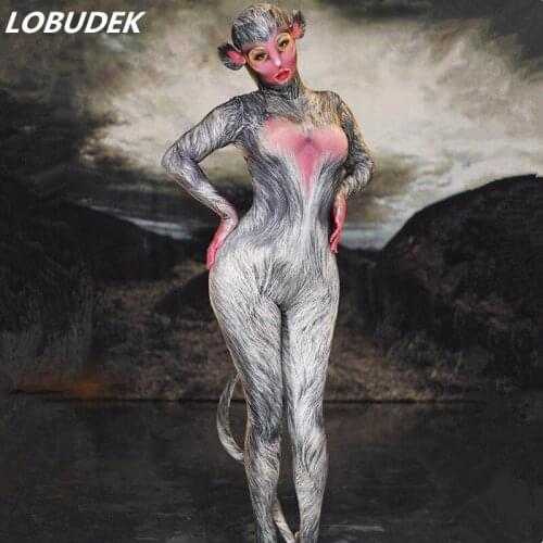 Monkey Role-playing Costume Print Hooded Stretch Skinny Jumpsuit Halloween Party Cosplay Performance Clothes Club Bar Stage Wear