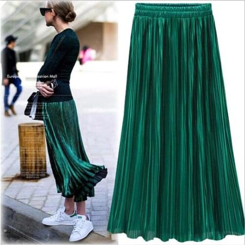Summer Autumn Pleated Skirt Womens Vintage High Waist Skirt Solid Long Skirts New Fashion Metallic Skirt Female CL94